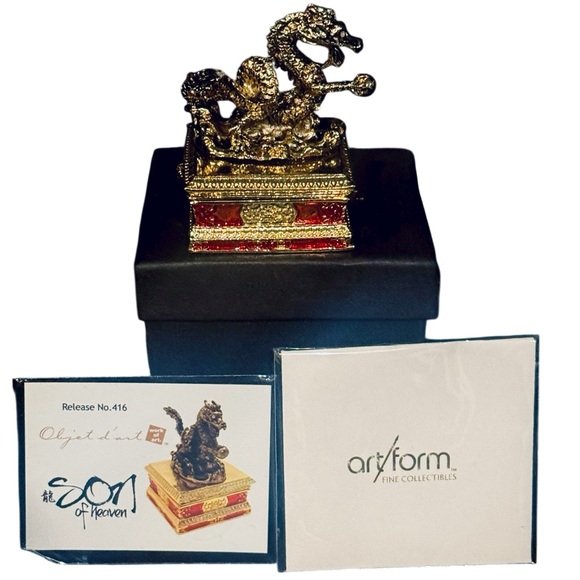 TRINKET BOX DECOR Ltd/Cert FENG SHUI GOLDTONE DRAGON ENAMELED RED READY TO GIFT